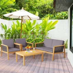Tangkula 4PCS Patio Acacia Wood Furniture Set PE Rattan Conversation Set W/ Grey Cushions -Tangkula GUEST 5f067b04 fff1 458b acf8 471fb0c43dcf