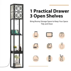 Tangkula Floor Lamp With Shelves And Drawer, Modern With 1 Power Outlet And 2 USB Ports, Standing For Living Room And Bedroom, Black (Carved) -Tangkula GUEST 5fe15108 c6e2 4d19 a28a 25dbd361a969