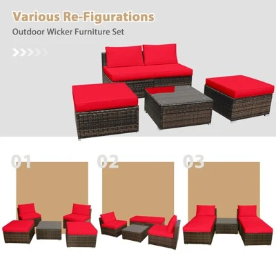 Tangkula 5-Piece Outdoor Rattan Wicker Sofa Set Lounge Chair With Red Cushions 4 Tangkula 5-Piece Outdoor Rattan Wicker Sofa Set Lounge Chair With Red Cushions - Image 2