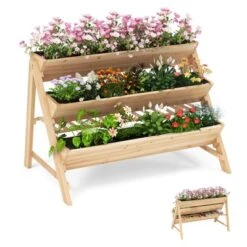 Tangkula 3-Tier Raised Garden Bed Wooden Vertical Planter Box With Storage Shelf 2 Hanging Hooks & 3 Bed Liners -Tangkula GUEST 601581ad 6895 43c4 81e8 ab252930ca37