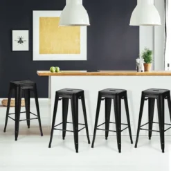 Tangkula Set Of 4 Metal Bar Stools 24" Industrial Chair Low Back Black