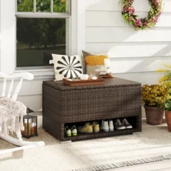 Tangkula 48 Gallon PE Wicker Rattan Deck Box W/ Shoe Rack Outdoor Storage Bin W/ Protective Liner -Tangkula GUEST 63925f4e 316e 4c3c a1f1 b1f1d999dd6b