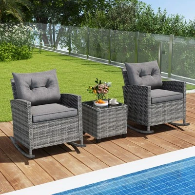 Tangkula Set Of 3 Wicker Rocking Set Patio W/ Tempered Glass Table & Soft Cushions 4 Tangkula Set Of 3 Wicker Rocking Set Patio W/ Tempered Glass Table & Soft Cushions - Image 2