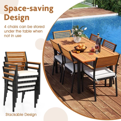 Tangkula 7-Piece Patio Furniture Set Outdoor Dining Chair Set For 6 W/ Acacia Wood & Metal Frame 7 Tangkula 7-Piece Patio Furniture Set Outdoor Dining Chair Set For 6 W/ Acacia Wood & Metal Frame - Image 5