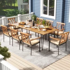 Tangkula 9 PCS Patio Dining Set W/ 8 Chairs Acacia Wood Table Top Umbrella Hole For Yard