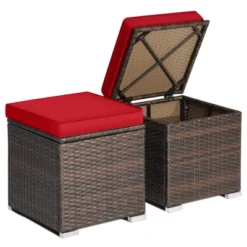 Tangkula 2 Pieces Patio Ottoman Outdoor Wicker Footstool Storage Box Side Table W/ Solid Metal Frame Additional Seating W/ Removable Cushions Beige/Off White/Red/Turquoise/Gray/Navy -Tangkula GUEST 65343174 9dd7 40ae b867 749d66800277