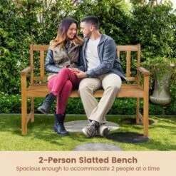 Tangkula 2-Person Outdoor Bench Patio Wooden Bench With Ergonomic Backrest & Armrests All-weather Acacia Wood Frame 48"x 22" -Tangkula GUEST 65dd11fd 6447 4077 80f2 97a6e9bc2d17