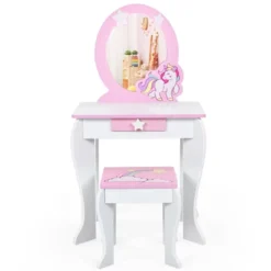 Tangkula 2-in-1 Kids Vanity Set Makeup Table & Chair Set For Toddlers W/Detachable Mirror Pink/White -Tangkula GUEST 65e789f0 b0f8 4e4d acff 68558106e1b5