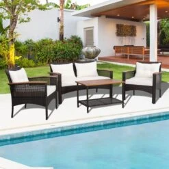 Tangkula 4PCS Rattan Patio Furniture Set Acacia Wood Outdoor Conversation Set W/ Cushions -Tangkula GUEST 65f28a07 414d 4b8a b448 b40e8b9de692