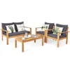 Tangkula 4 PCS Outdoor Acacia Wood Conversation Sofa Table Furniture Set W/ Grey Cushions