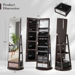 Tangkula 360° Swivel Jewelry Cabinet W/ Mirror Jewelry Storage Organizer Built-in Lights Dark Brown -Tangkula GUEST 67e31a91 d7c1 495c b4be 9e9da8214706