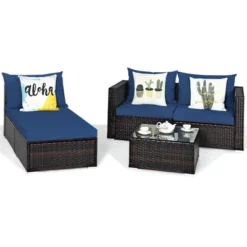 Tangkula 5PCS Cushioned Rattan Patio Conversation Set W/ Ottoman Navy Cushion -Tangkula GUEST 67ffb9ce 7c30 4e8c 80bc b7c660f3ed3e