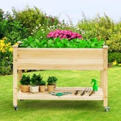 Tangkula Elevated Garden Bed Wood Planters With Storage Shelf Wheels & Liner Suitable For Vegetable Flower Herb
