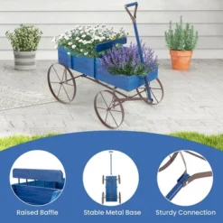 Tangkula Tangkula Wooden Garden Flower Planter Wagon Plant Bed W/ Wheel Garden Yard Blue -Tangkula GUEST 68fd0a90 bf1e 48fa b16d a2a77a1f118c