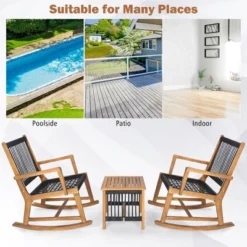 Tangkula 3 Piece Acacia Wood Rocking Chair Set W/ Coffee Table & All-Weather Rope Patio Poolside -Tangkula GUEST 696ee83e 9a56 4a42 9b47 c1c78417db43