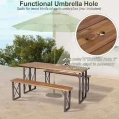 Tangkula 3 Piece Patio Picnic Table Bench Set, Outdoor Camping Table Set W/ Acacia Wood Tabletop & Seat 2” Umbrella Hole -Tangkula GUEST 6a87ac31 6f78 4f77 b351 4cee445ba5b7