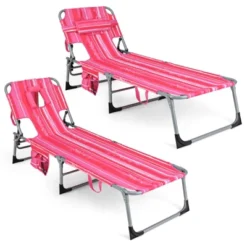 Tangkula Set Of 2 Lounge Chair Beach Chair W/ Face Arm Hole Detachable Pillow Adjustable Backrest Side Pocket Outdoor Chaise Sunbathing Chair Hot Pink -Tangkula GUEST 6b69bc77 a209 4ba9 89c6 d837bef7e81d