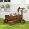 Tangkula Wooden Wagon Planter Box Decorative Garden Planter W/ Wheels Handle Drain Hole Rustic Wooden Flower Planter