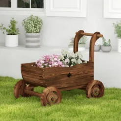 Tangkula Wooden Wagon Planter Box Decorative Garden Planter W/ Wheels Handle Drain Hole Rustic Wooden Flower Planter