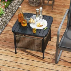 Tangkula 2 PCS Outdoor PE Rattan Side Table W/ 1.57" Umbrella Hole Square Patio End Table