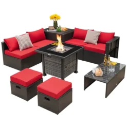 Tangkula 9 Pieces Furniture Set W/ 50,000 BTU Propane Fire Pit Table Patio Red -Tangkula GUEST 6cae6472 c1b5 4c06 b722 bf58155be1a2