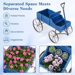Tangkula Tangkula Wooden Garden Flower Planter Wagon Plant Bed W/ Wheel Garden Yard Blue -Tangkula GUEST 6cf57b22 4cd1 4022 9fa8 d15a4616e704