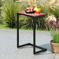 Tangkula 2PCS Mosaic Outdoor C-Shaped End Table W/ Ceramic Tile Top Sturdy Metal Frame