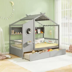 Tangkula Twin Size House Bed Kids Bed Frame W/ 2 Storage Drawers & Fence Guardrails -Tangkula GUEST 6ecd8c42 dbe4 4208 9d9f 747aeccc299e