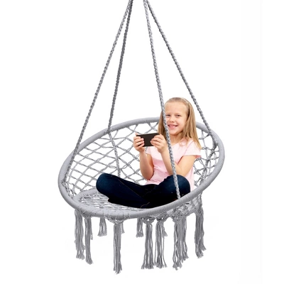 Tangkula Hammock Chair Hanging Cotton Rope Macrame Swing Chair W/ Stand Gray 9 Tangkula Hammock Chair Hanging Cotton Rope Macrame Swing Chair W/ Stand Gray - Image 7