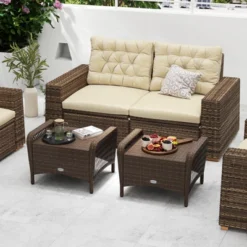 Tangkula 2 Pieces Outdoor Patio PE Wicker Ottomans W/ Removable Cushions Footstools -Tangkula GUEST 6fca9698 044b 43bb aad6 badc64922c4b