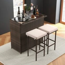 Tangkula 3 Pieces Patio Bar Set PE Wicker Outdoor Bar Table & Stools Set W/ Removable Cushions -Tangkula GUEST 703a1f7f 3c63 4dbc aa55 f00292687239
