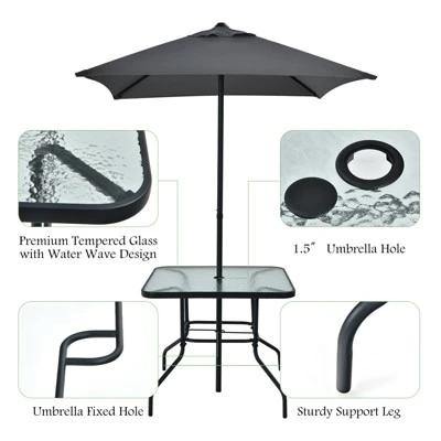 Tangkula 6-Piece Patio Dinning Sets Garden Table Set Outdoor Folding Chairs & Glass Table Set W/ Umbrella Grey 9 Tangkula 6-Piece Patio Dinning Sets Garden Table Set Outdoor Folding Chairs & Glass Table Set W/ Umbrella Grey - Image 7