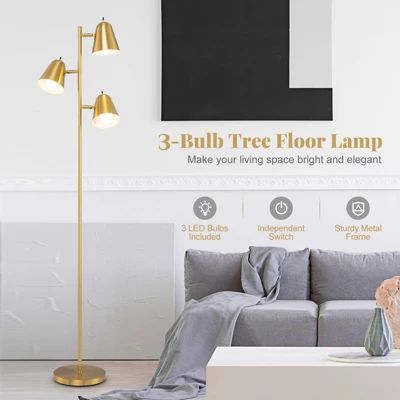 Tangkula 64" Mid Century Modern Floor Lamp 3 Light Tree, Standing Tall Pole Lamp W/ 3 LED Bulbs & Adjustable Heads (Antique Brass) 6 Tangkula 64" Mid Century Modern Floor Lamp 3 Light Tree, Standing Tall Pole Lamp W/ 3 LED Bulbs & Adjustable Heads (Antique Brass) - Image 4