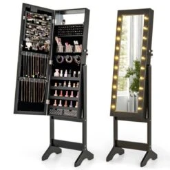 Tangkula Jewelry Armoire Cabinet Standing Lockable Jewelry Organizer With Lighted Full-Length Mirror Black/Rustic Brown/White -Tangkula GUEST 730f1ad3 0fa0 4279 80fe 1ffa6e15f133