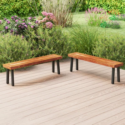 Tangkula Outdoor Acacia Wood Benches Set Of 2 W/ Slatted Top & Flared Metal Legs 5 Tangkula Outdoor Acacia Wood Benches Set Of 2 W/ Slatted Top & Flared Metal Legs - Image 3