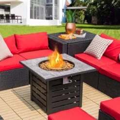 Tangkula 32”Propane Fire Pit Table Square Tabletop Auto-Ignition W/ Rain Cover Lava Rocks