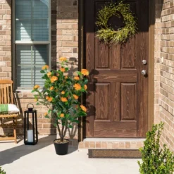 Tangkula 40" Artificial Camellia Tree Faux Flower Plant Artificial Tree In Cement Pot Greenery Potted Plant For Outdoor & Indoor Decor