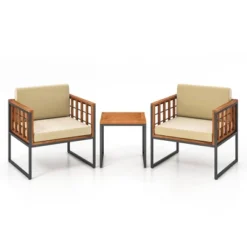 Tangkula 3 Pieces Patio Furniture Set Acacia Wood Bistro Conversation Set W/ 2 Cushioned Chairs Beige -Tangkula GUEST 75581f9c f4bc 4910 9182 a75e03fa2ccd