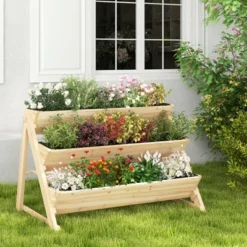 Tangkula 3-Tier Raised Garden Bed Wooden Vertical Planter Box With Storage Shelf 2 Hanging Hooks & 3 Bed Liners