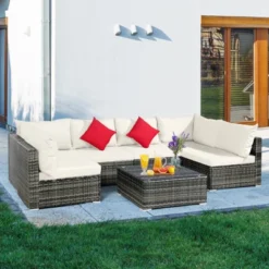 Tangkula 7 PCS Outdoor Patio Furniture Set All-Weather PE Rattan Sofa Set W/Coffee Table & Cushions -Tangkula GUEST 7704d4cb 3e09 4c33 bc2c 94cba503a759