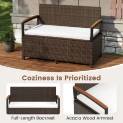Tangkula Outdoor Storage Bench W/Cushion Backrest & Acacia Wood Armrests Hidden Storage -Tangkula GUEST 773547bb 33bf 4546 8e41 a5015d3aaa88