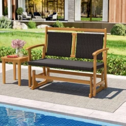 Tangkula Patio Rattan Glider Bench Swing Gliding Rocker For 2 W/ Acacia Wood Frame