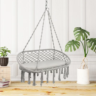 Tangkula 2 Person Hanging Hammock Chair W/ Cushion Macrame Swing 330 Lbs Capacity Grey 4 Tangkula 2 Person Hanging Hammock Chair W/ Cushion Macrame Swing 330 Lbs Capacity Grey - Image 2