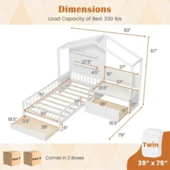 Tangkula Twin Size House Bed Kids Platform Bed W/ Padded Bench & Floating Shelves -Tangkula GUEST 79173787 ec95 4c1a a885 269286eb2e02