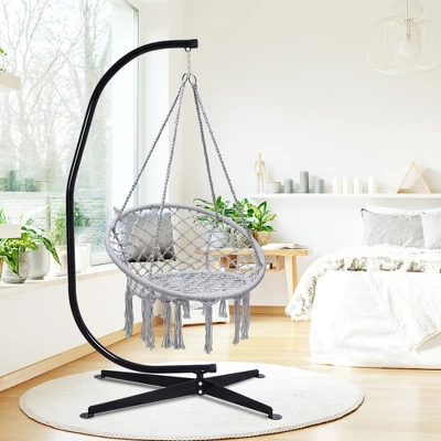 Tangkula Hammock Chair Hanging Cotton Rope Macrame Swing Chair W/ Stand Gray 4 Tangkula Hammock Chair Hanging Cotton Rope Macrame Swing Chair W/ Stand Gray - Image 2