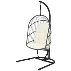 Tangkula Modern Rattan Hanging Egg Swing Chair W/Stand Foldable Cushioned Hammock Gray/Beige -Tangkula GUEST 7985ad32 47c5 4d5b b456 7244b84775d4