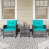 Tangkula 3 Pieces Patio Bistro Set Outdoor PE Rattan Conversation Chair Set With Tempered Glass Side Table And Removable Cushions Turquoise
