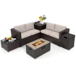 Tangkula 6 Piece Patio Sofa & Fire Table Set Outdoor Rattan Sectional Sofa Set W/ Storage Box Beige -Tangkula GUEST 7b07a225 bbee 44a5 a7e8 0a18b12e2f47
