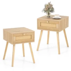 Tangkula 2 PCS Nightstand Bedside Sofa Table With Rattan Drawer For Bedroom & Living Room -Tangkula GUEST 7b3befdc b969 4b56 984f b6992803205a
