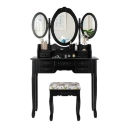 Tangkula Tri-Folding Mirror Vanity Makeup Set Dressing Table & Stool Unit W/ 7 Drawer -Tangkula GUEST 7b46e1a1 f79d 4802 968a 2b735d15a0ea